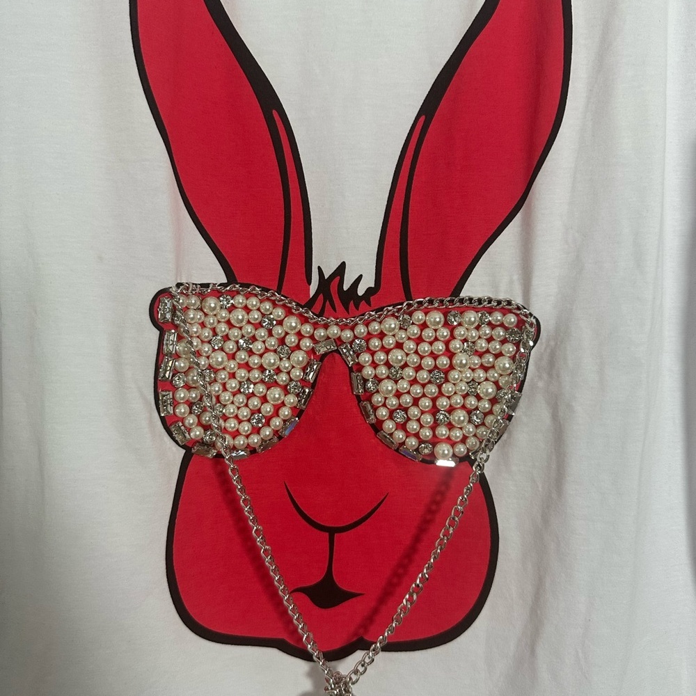 White T-Shirt with Red Rabbit Graphic - Picture 2 of 5